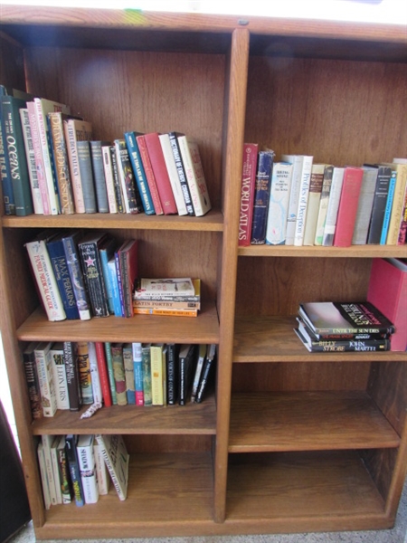 VERY NICE OAK DOUBLE WIDE BOOKCASE WITH 6 ADJUSTABLE SHELVES & LOTS OF BOOKS!