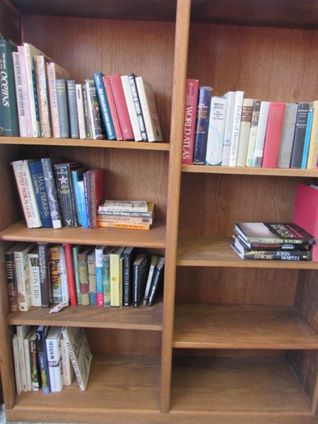 VERY NICE OAK DOUBLE WIDE BOOKCASE WITH 6 ADJUSTABLE SHELVES & LOTS OF BOOKS!