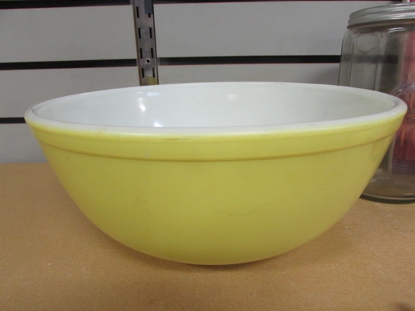 YELLOW PYREX MIXING BOWL, GLASS COFFEE JAR, COOKIE CUTTERS, DEPRESSION GLASS BUTTER DISH & MORE!