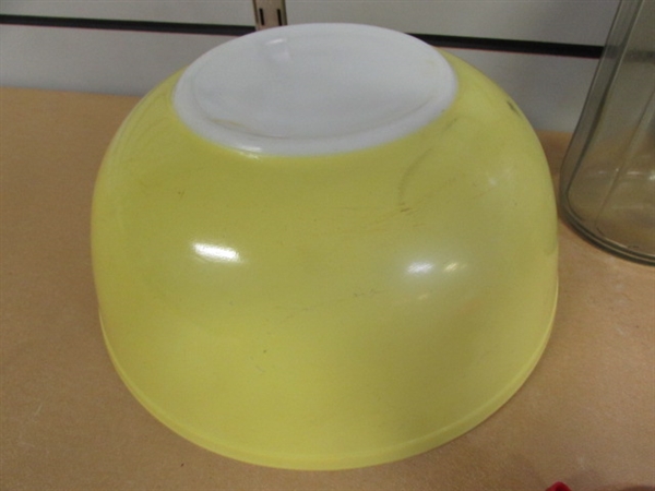 YELLOW PYREX MIXING BOWL, GLASS COFFEE JAR, COOKIE CUTTERS, DEPRESSION GLASS BUTTER DISH & MORE!