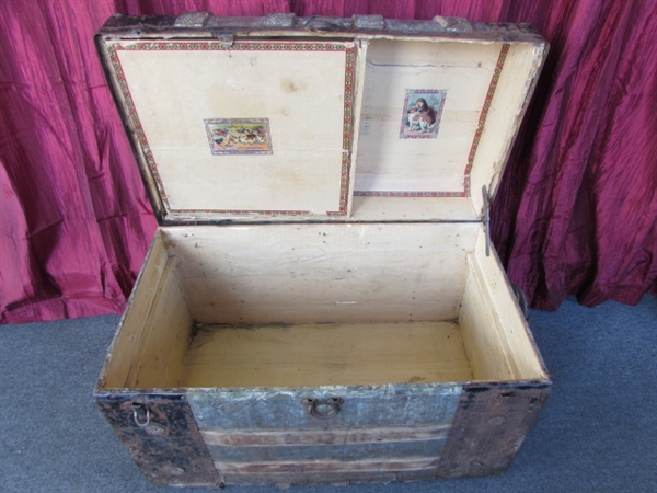 WONDERFUL ANTIQUE STEAMER TRUNK WITH ORNATE METAL HARDWARE & ACCENTS!