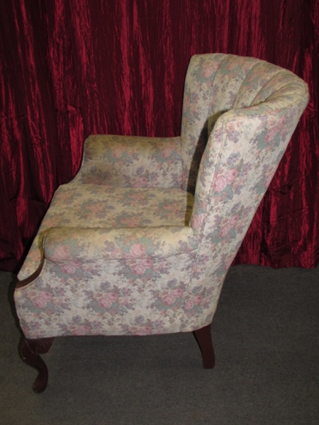 SWEET UPHOLSTERED PLANTATION CHAIR WITH CARVED WOOD ACCENTS