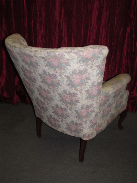 SWEET UPHOLSTERED PLANTATION CHAIR WITH CARVED WOOD ACCENTS