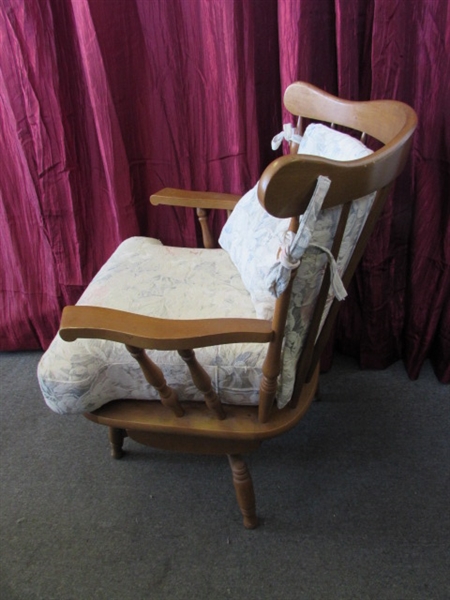 DARLING MAPLE CHAIR WITH NICELY UPHOLSTERED CUSHIONS -SWIVELS & ROCKS