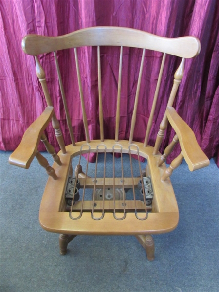 DARLING MAPLE CHAIR WITH NICELY UPHOLSTERED CUSHIONS -SWIVELS & ROCKS