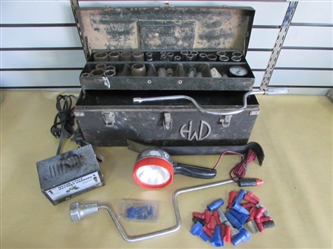 LOTS OF SOCKETS, TOOLS, BATTERY CHARGER, LARGE METAL TOOLBOX & MORE!