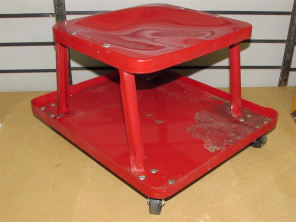 AUTOMOTIVE SUPPLIES & NICE METAL ROLL AROUND SHOP SEAT TO WORK ON YOUR RIG