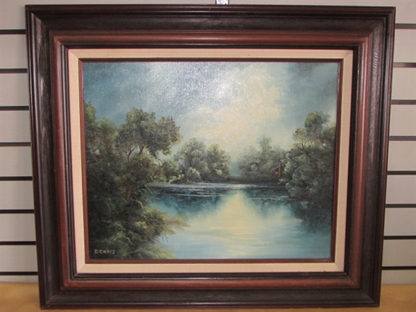 BEAUTIFUL ORIGINAL OIL PAINTING OF TREE LINED LAKE & CABIN SIGNED BY ARTIST IN DIMENSIONAL WOOD FRAME!