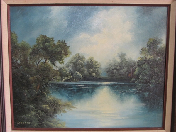 BEAUTIFUL ORIGINAL OIL PAINTING OF TREE LINED LAKE & CABIN SIGNED BY ARTIST IN DIMENSIONAL WOOD FRAME!
