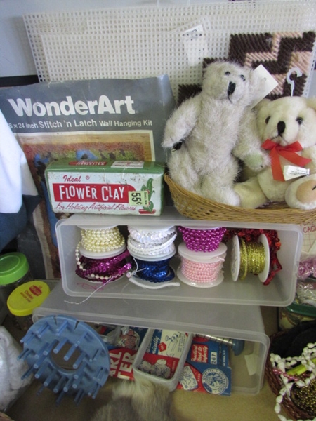 CRAFTING GALORE! WOOD SPOOLS, PELT, LEATHER, LACE, BEADS, LATCH HOOK KIT, BEADS, & MUCH MORE!