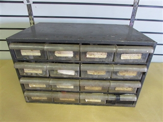 GREAT METAL INDUSTRIAL PARTS CABINET WITH 16 DRAWERS & LOTS OF COOL PARTS!