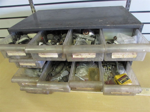 GREAT METAL INDUSTRIAL PARTS CABINET WITH 16 DRAWERS & LOTS OF COOL PARTS!