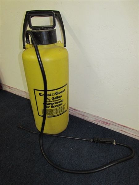 3 1/2 GALLON COMPRESSED AIR WEED SPRAYING CONTAINER & 2  GARDEN HOSES 50' EACH