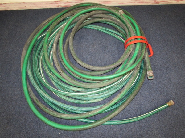 3 1/2 GALLON COMPRESSED AIR WEED SPRAYING CONTAINER & 2  GARDEN HOSES 50' EACH