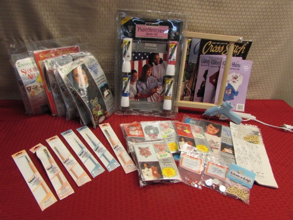 CRAFTER'S CORNER-11 SEQUIN ART KITS, GLUE GUN, NEW PAINT BRUSHES, 3 IRON ON APPLIQUE KITS & MORE