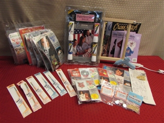CRAFTERS CORNER-11 SEQUIN ART KITS, GLUE GUN, NEW PAINT BRUSHES, 3 IRON ON APPLIQUE KITS & MORE