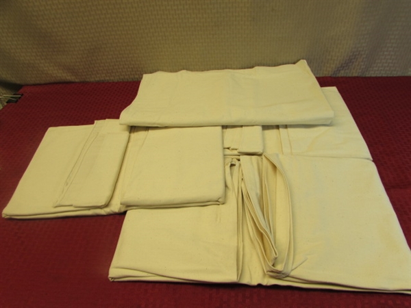 FOUR HEAVY CANVAS WHITE KNIGHT HOSPITAL GRADE 100% COTTON TARPS OR FURNITURE COVERS (76 X 52)