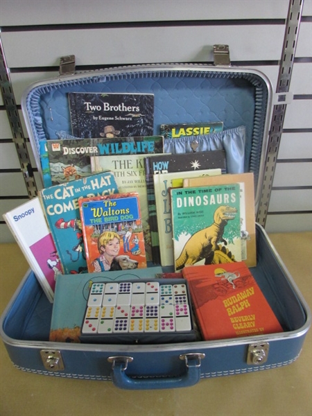 NICE TRAVEL SUITCASE WITH LOTS OF WELL LOVED CHILDRENS BOOKS & DOMINOES GAME!
