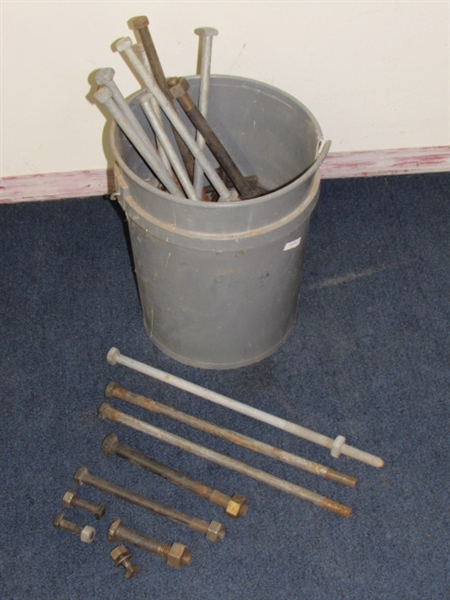BUCKET O' NUTS & BOLTS - VARIOUS HEX & SQUARE HEAD BOLTS, SOME VERY LARGE
