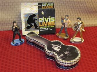 COLLECTIBLE ELVIS MEMORABILIA-PLAYING CARDS, TIN & FIGURINES