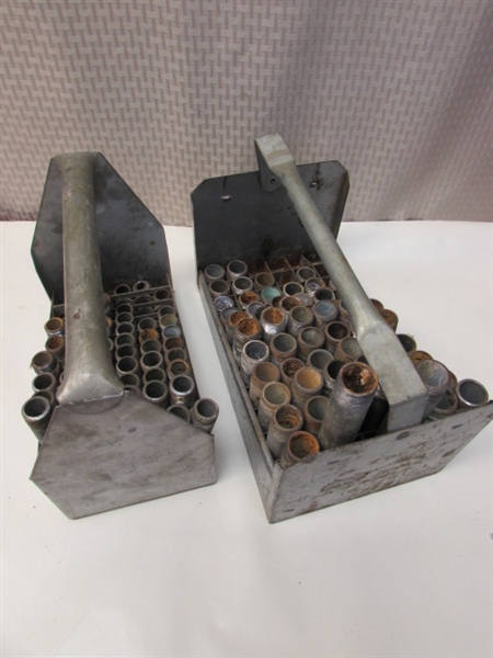 PLUMBERS TWO FULL SETS OF IRON PIPE NIPPLES & TOTES- ONE FOR 3/4 PIPE & ONE FOR 1/2 PIPE