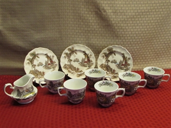 CHARMING VINTAGE TRANSFERWARE MADE IN ENGLAND, TEACUPS, SAUCERS & CREAMER