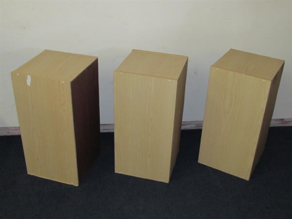 THREE SMALL SHELVING UNITS WITH ADJUSTABLE SHELVES-SIDE BY SIDE OR STACK THEM ONE LARGER UNIT