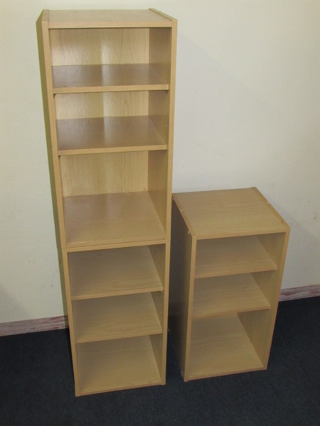 THREE SMALL SHELVING UNITS WITH ADJUSTABLE SHELVES-SIDE BY SIDE OR STACK THEM ONE LARGER UNIT