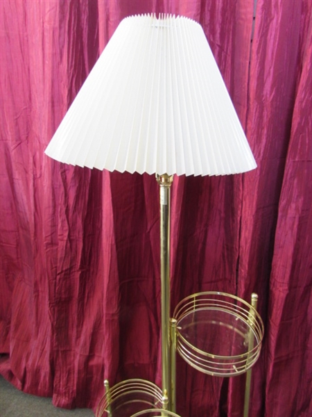 ATTRACTIVE POLISHED BRASS FLOOR LAMP WITH THREE TIERED HOLDERS-PLANT STAND? YOU NAME IT!