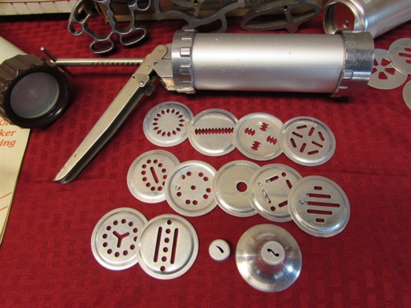 THREE COOKIE PRESSES WITH SHAPED DIES & A DOUBLE ROSETTE MAKER FOR COOKIES OR CRACKERS