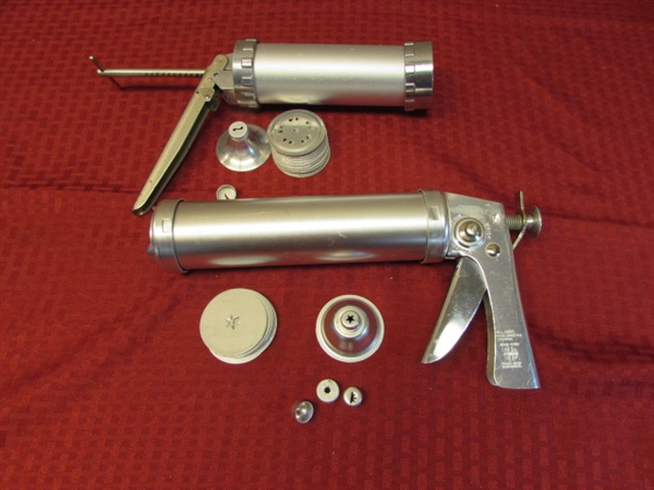 THREE COOKIE PRESSES WITH SHAPED DIES & A DOUBLE ROSETTE MAKER FOR COOKIES OR CRACKERS