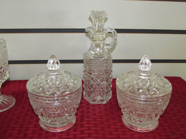 VINTAGE WEXFORD GLASS! CRUET, TWO COVERED DISHES, GOBLETS LARGE & SMALL, HIGHBALL & JUICE GLASSES & MUGS