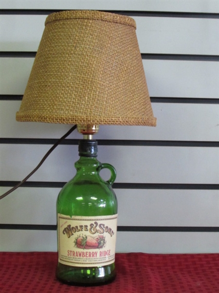 CUTE GREEN GLASS JUG ACCENT LAMP & TWO SMALL STAINED GLASS HURRICANE LAMPS