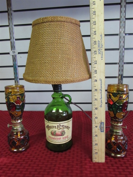 CUTE GREEN GLASS JUG ACCENT LAMP & TWO SMALL STAINED GLASS HURRICANE LAMPS