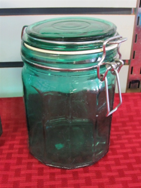 FOUR PIECE KITCHEN CANISTER SET IN BEAUTIFUL GREEN GLASS