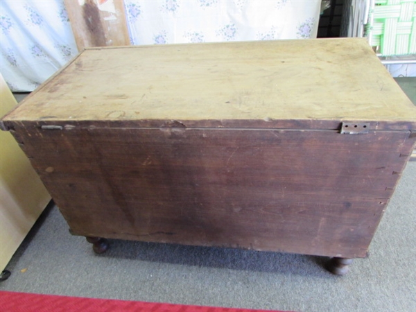 ANTIQUE HANDMADE SOLID WOOD CHEST WITH INNER STORAGE BOX, LOCK & TURNED FEET