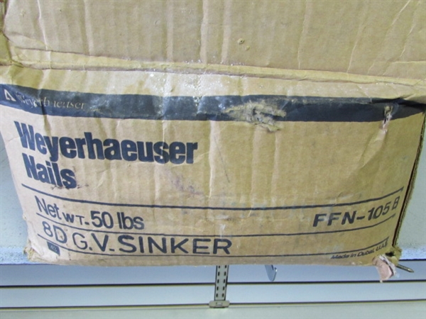BOX OF WEYERHAEUSER 8D SINKER NAILS APPROXIMATELY 50 LBS.