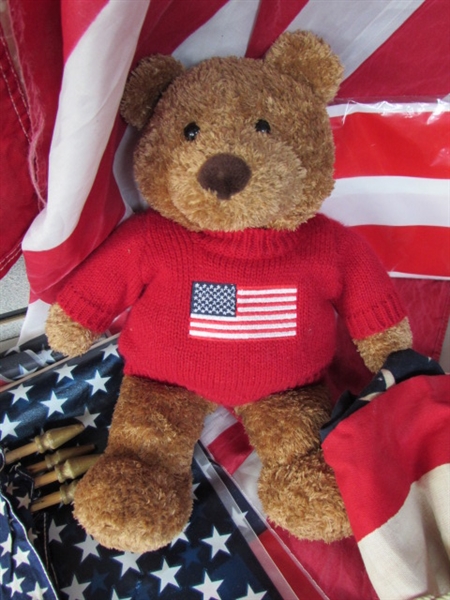 PATRIOTISM ALL YEAR ROUND! THREE LARGE AMERICAN FLAGS, DOOR PLAQUE, TEDDY BEAR, PINS, HANDHELD FLAGS & MORE