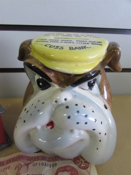 WATCH YOUR MOUTH. . . & YOUR MONEY!  VINTAGE BULLDOG CUSS BANK, UNCLE SAM BANK & COIN COLLECTION