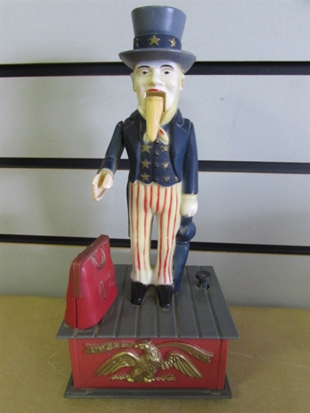 WATCH YOUR MOUTH. . . & YOUR MONEY!  VINTAGE BULLDOG CUSS BANK, UNCLE SAM BANK & COIN COLLECTION