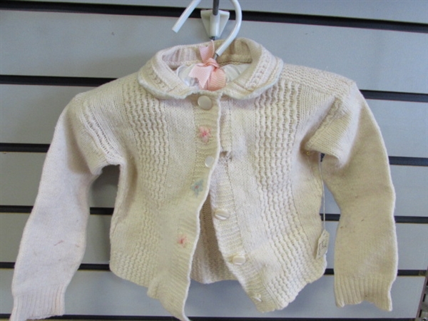 VINTAGE BABY SWEATERS, BOOTIES, MITTENS & BOXED SET OF BABY CARE READING FROM 1938-SHOWER DECOR!