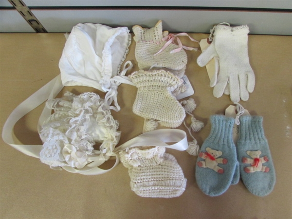 VINTAGE BABY SWEATERS, BOOTIES, MITTENS & BOXED SET OF BABY CARE READING FROM 1938-SHOWER DECOR!