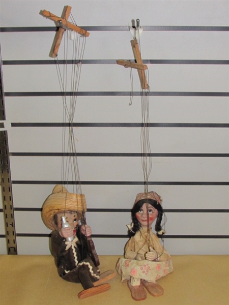 TWO VERY OLD MEXICAN FOLK ART MARIONETTES! A MARIACHI & A MAIDEN