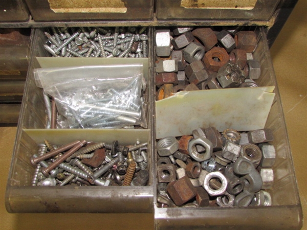 HEAVY DUTY 16 DRAWER CABINET FULL OF HARDWARE-NUTS, BOLTS, SCREWS, BRASS FITTINGS . . .