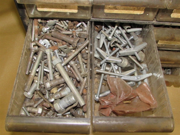 HEAVY DUTY 16 DRAWER CABINET FULL OF HARDWARE-NUTS, BOLTS, SCREWS, BRASS FITTINGS . . .
