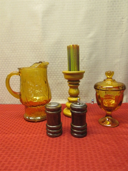 VINTAGE AMBER GLASS PITCHER, CANDY DISH, SALT & PEPPER MILL & MORE