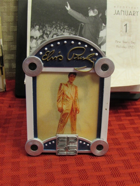 THE KING COLLECTIBLES! ELVIS FRAME, MUSICAL ORNAMENT WITH CHANGING IMAGES, POP UP CARD & MORE