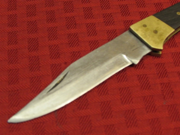 FOLDING BOWIE KNIFE WITH STAINLESS STEEL BLADE & WOOD & BRASS HANDLE