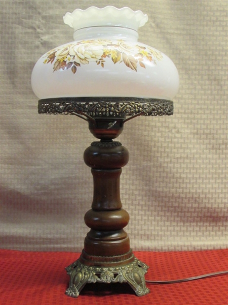 LOVELY VINTAGE PARLOR LAMP WITH WOOD & BRASS BASE & MILK GLASS SHADE