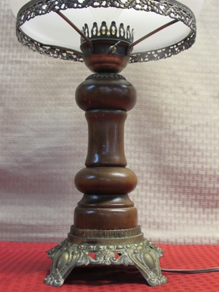 LOVELY VINTAGE PARLOR LAMP WITH WOOD & BRASS BASE & MILK GLASS SHADE
